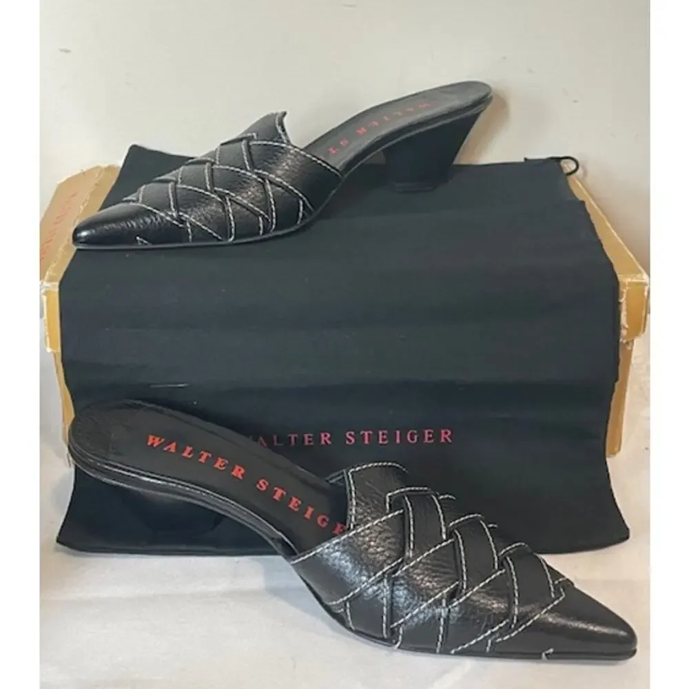 Walter Steiger Black Leather Pointed-Toe Woven Mules